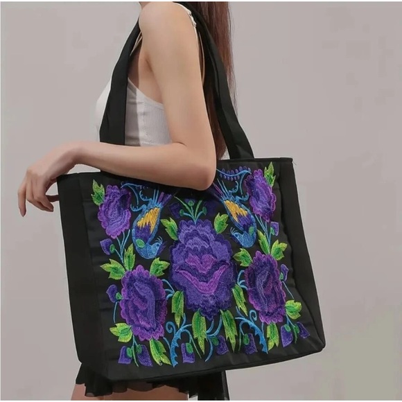 NEW Tote Bag Black Canvas Embroidered Floral Birds Purple Green Teal Zippered - Picture 16 of 16